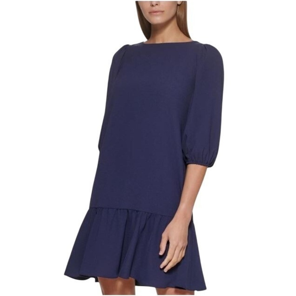 DKNY Dress Women's Size 10 Navy Blue Ruffle Hem Puff‎ Sleeve Career